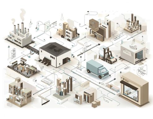 Eine illustrative Darstellung von Fabriken und Logistikprozessen in einem industriellen Umfeld.