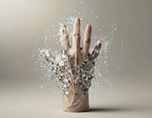 Hand aus digitalisierten, zerbrochenen Elementen mit leuchtenden Linien.