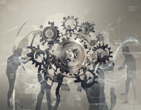 Zahnräder und Figuren, die Zusammenarbeit und Technologie symbolisieren.